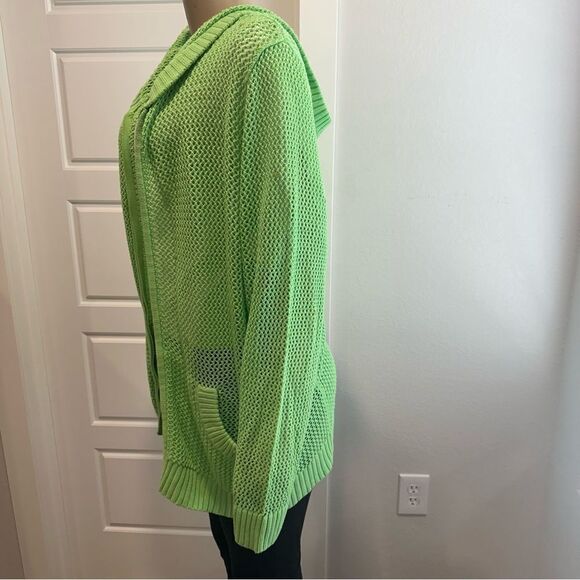 Quaker Factory 3X Lime Green Open-Knit Zip Cardigan Sweater Jacket Sequins Hood - Picture 2 of 9